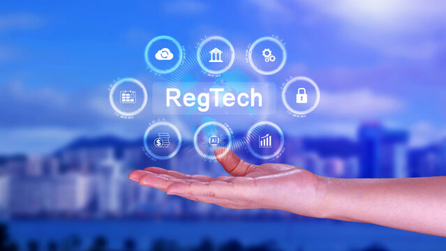 Regtech, Regulatory technology concept, management of regulatory processes with financial industry through technology, Regulatory monitoring, reporting and compliance, Machine learning tech.