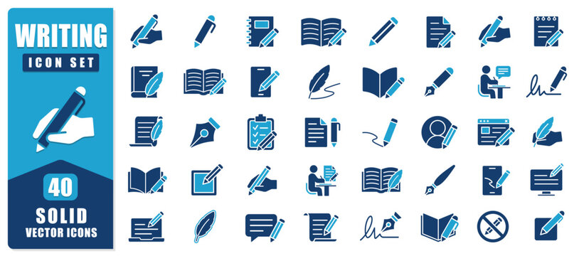 Writing Solid Icon Set Featuring Bold Vector Symbols Of Pens, Documents, Notes, And Creative Tools. Clean Modern Style Ideal For Web, Apps, Education, Blogging, And Content Creation.