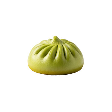 Fluffy, vibrant green matcha bao bun with intricate pleats on a light wood coaster, isolated against a transparent background, ample copy space, concept of Asian culinary excellence