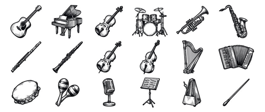 Various hand-drawn musical instruments and accessories are arranged in a grid, showcasing a vintage engraving style with detailed black lines