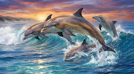 Obraz premium A playful blue dolphin jumps out of the wild ocean water in this vector illustration of marine life