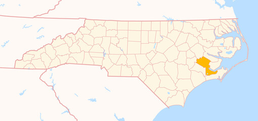 Fototapeta premium Map of the County Craven (North Carolina, US) showing the Federal State with the highlighted County