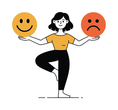Woman Balancing Happy and Sad Emoticons, Representing Emotional Balance