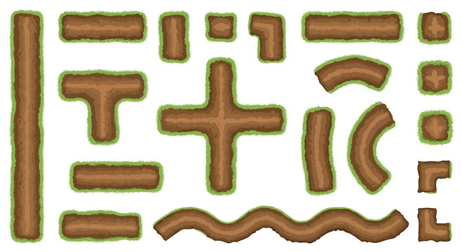 Top-down dirt path tileset for game design, 2D pixel art brown soil road elements with green grass borders, modular nature map constructor vector
