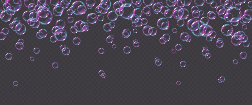 Vector frame realistic purple soap bubble with reflection isolated on transparent background. Flying holographic png glass bubbles.