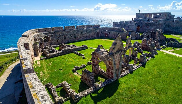 Aerial view of the historic Methoni Venetian Fortress ruins by the deep blue sea with stone walls and green grass under a clear summer sky
