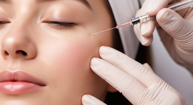A woman receiving a facial injection from a medical professional in a clinical setting.