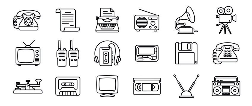Collection of various old technology and communication devices, depicted as simple black outline icons on a clean white surface