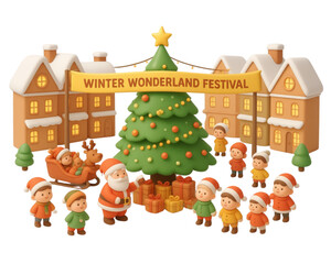 Fototapeta premium Cartoon vector illustration of a festive Christmas gingerbread house set with Santa Claus, a snowman, and a decorated fir tree under a winter star for a New Year holiday celebration