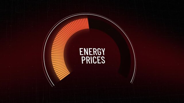 Rapidly rising energy prices on circular dashboard gauge, digital meter filling up from orange to red color, global economic crisis impact, fuel costs increasing, inflation, Copy space