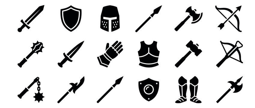 Collection of medieval weapons and armor icons, including swords, shields, helmets, and bows, presented in a clean, graphic style