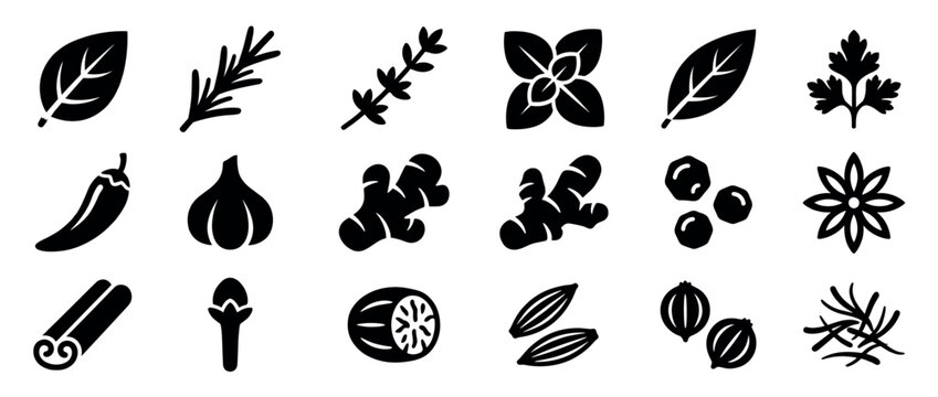 Collection of various black silhouette spice and herb icons, including basil, rosemary, thyme, ginger, and chili