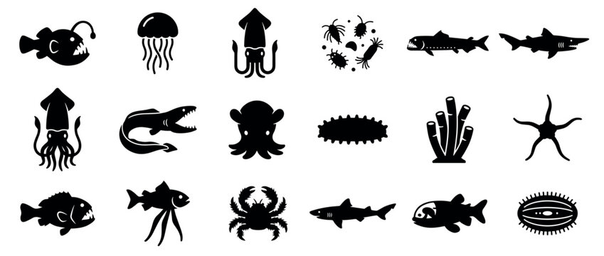 Collection of various black silhouette deep sea creatures and marine life icons, depicted with a simple, graphic style