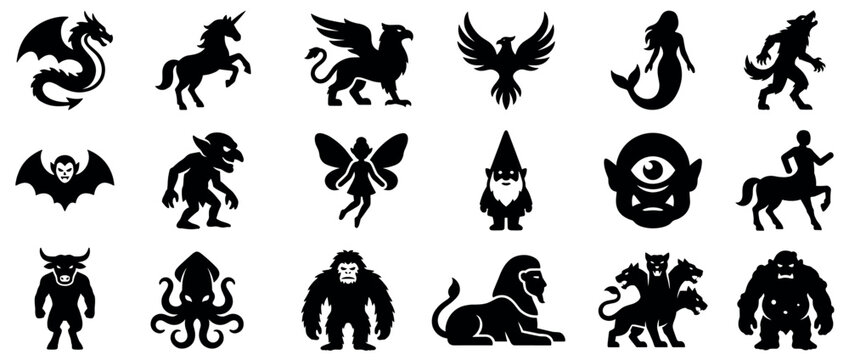 Various mythical creatures and fantasy monsters are depicted as black silhouettes on a clean white surface, showcasing diverse legendary beings