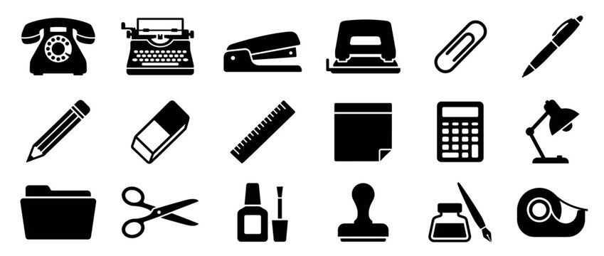Collection of black office supplies icons including a telephone, typewriter, stapler, and calculator, presented in a clean, graphic style