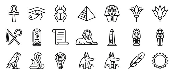 Naklejka premium Comprehensive collection of twenty ancient Egyptian symbols and artifacts depicted as simple black outline icons