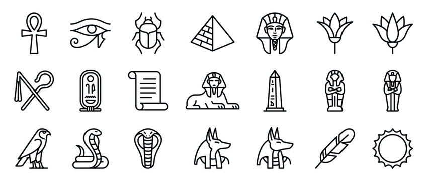 Comprehensive collection of twenty ancient Egyptian symbols and artifacts depicted as simple black outline icons