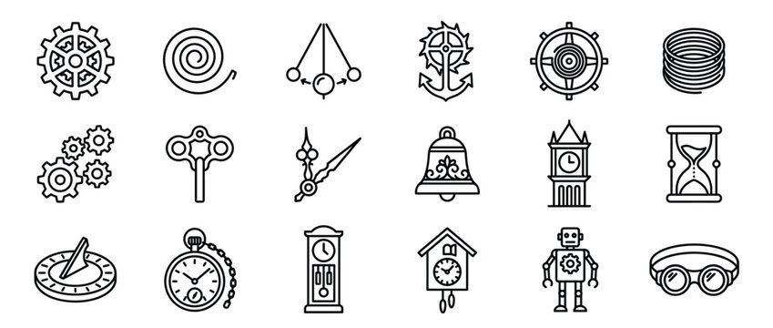 Collection of various outline icons representing steampunk elements, timekeeping devices, and mechanical components, presented with clear lines