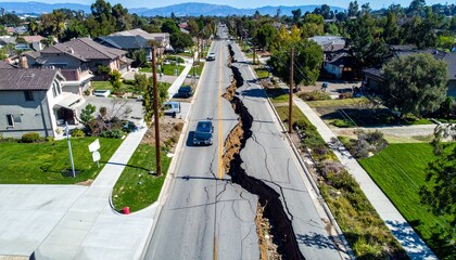 Fototapeta premium Aerial view of a massive earthquake crack and fissure splitting a residential asphalt road in a suburban neighborhood during a disaster