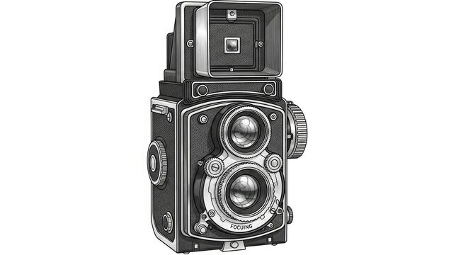 Vintage twin lens reflex camera illustration in detailed black and white