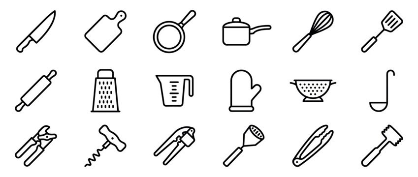 Various black outline kitchen utensils and cooking tools are neatly arranged in a grid pattern, showcasing essential culinary equipment