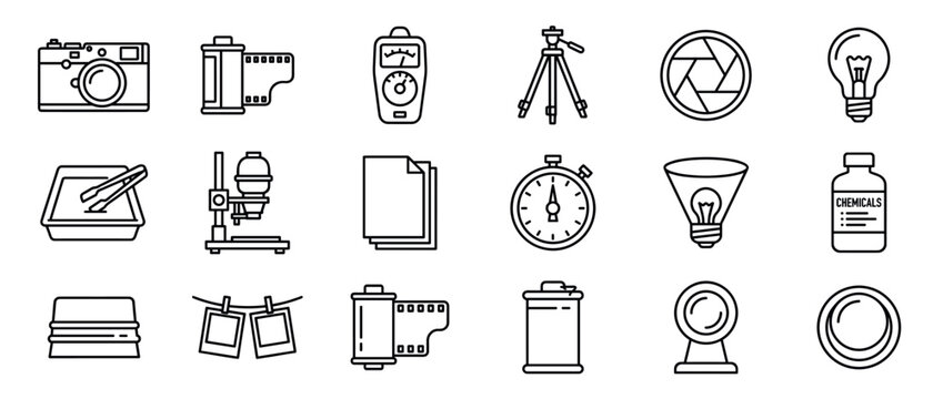 Comprehensive collection of photography equipment and darkroom processing tools depicted as simple black outline icons