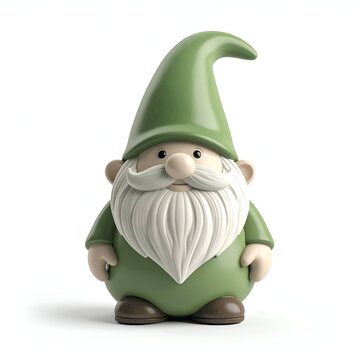 Charming Green Garden Gnome with Pointed Hat on White Background.