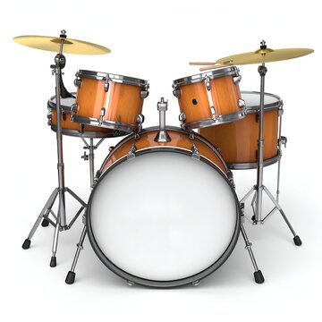 Acoustic drum set with cymbals on a white background.
