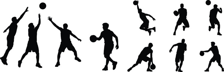 Basketball silhouettes collection, players dribbling shooting dunking passing, athletic sports action poses, dynamic movement illustration, black isolated design, competitive game icons © MOSTSHAHANAJ