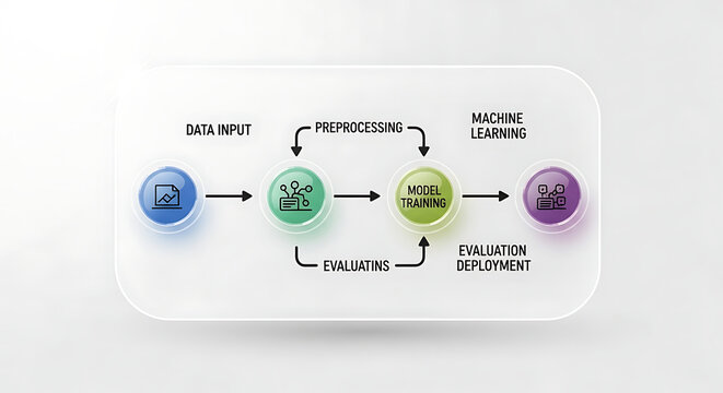 Machine learning process flowchart with data input, preprocessing, model training, and evaluation deployment stages in a modern illustration