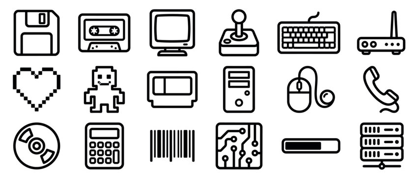 Collection of black outline retro technology and digital icons, including a floppy disk, cassette, and computer