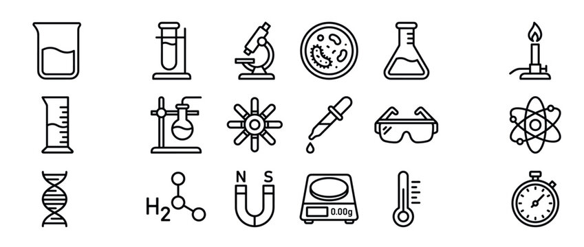 Collection of various science and laboratory equipment icons in a clean, simple line art style