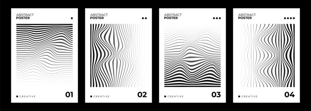 Abstract Posters collection. Line waves style abstract set. Black wavy line patterns on white backgrounds for creative graphic design. Vector illustration.