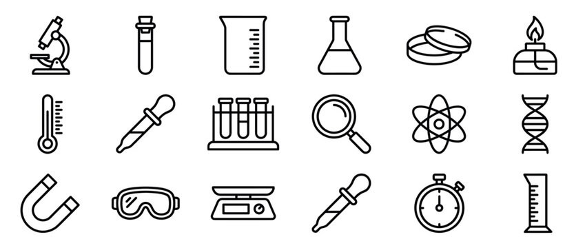 Collection of black outline science and laboratory icons representing various tools and concepts for research and education