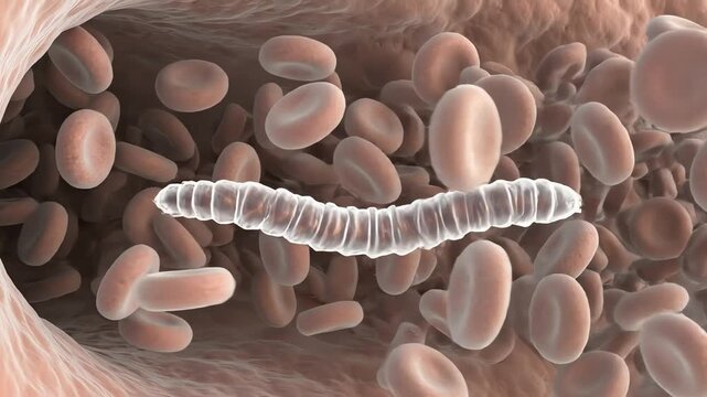 Hookworm larvae traveling through bloodstream after skin entry, smooth flowing motion among blood cells