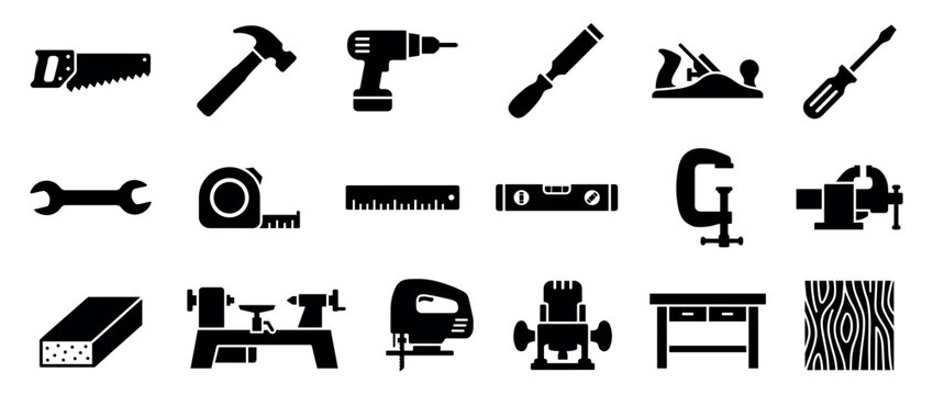 Comprehensive collection of various woodworking tools and carpentry equipment presented as bold black silhouettes on a clean white field