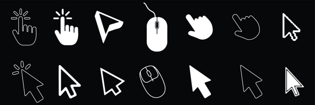 Set of cursor icons click and hand cursor icons click isolated on background. A clean minimalist black and white vector icon set featuring multiple computer mouse cursor symbols and hand click pointer
