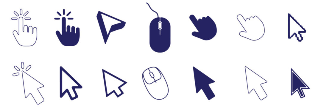 Set of cursor icons click and hand cursor icons click isolated on background. A clean minimalist black and white vector icon set featuring multiple computer mouse cursor symbols and hand click pointer