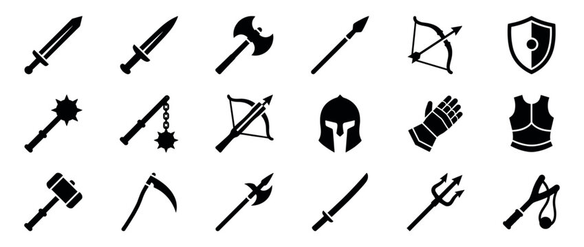 Collection of black medieval weapon and armor icons arranged in a grid pattern, featuring various combat tools