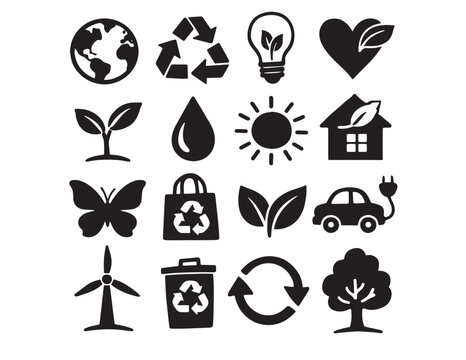 Assorted black icons representing technology and nature Vector