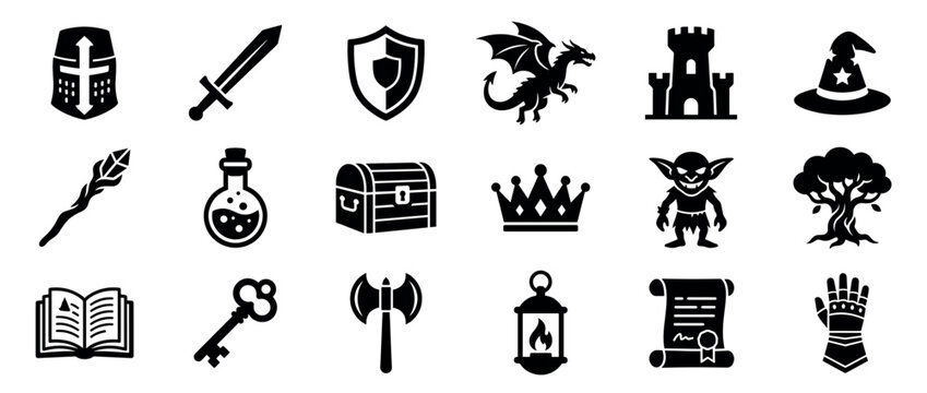 Various black silhouette fantasy game icons including a knight helmet, sword, shield, dragon, castle, and wizard hat, presented in a clean, graphic style