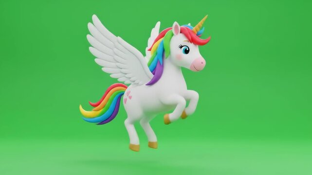 Cute cartoon pegasus unicorn with rainbow mane and tail flying.