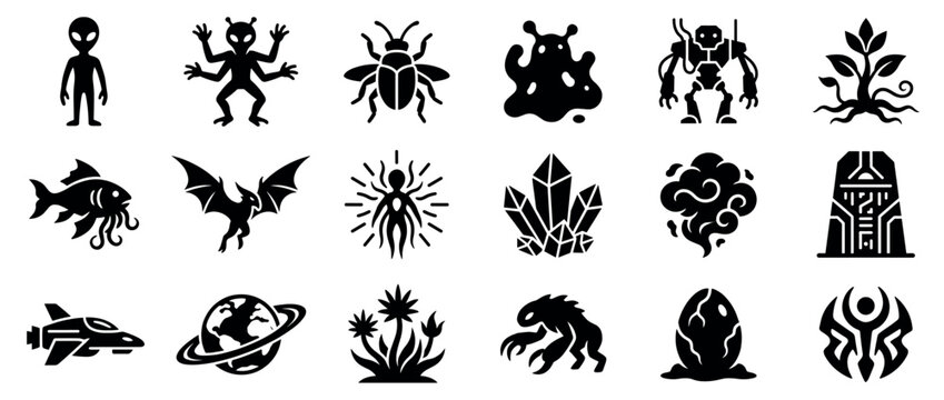 Collection of various black fantasy and science fiction icons, including aliens, monsters, and futuristic elements, presented in a clean, graphic style