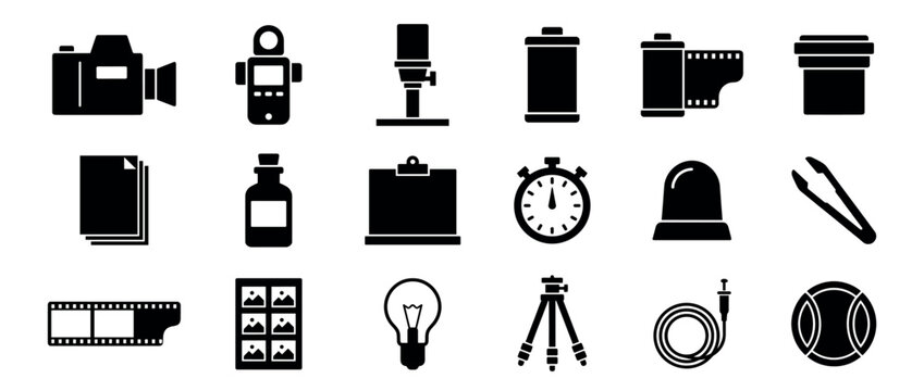 Collection of various black photography equipment icons, including a camera, light meter, film, and darkroom tools, presented in a clean, graphic style