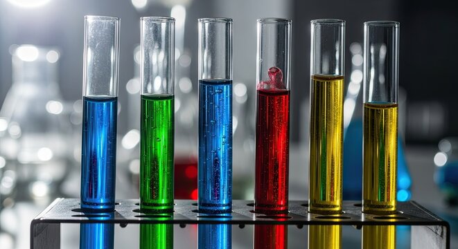 : Colorful liquid-filled test tubes in laboratory rack, chemistry concept