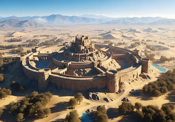 Obraz premium Ancient desert fortress citadel, an imposing structure in a dry, arid landscape with surrounding trees and water features