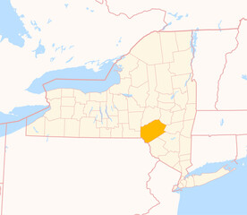 Map of the County Delaware (New York, US) showing the Federal State with the highlighted County