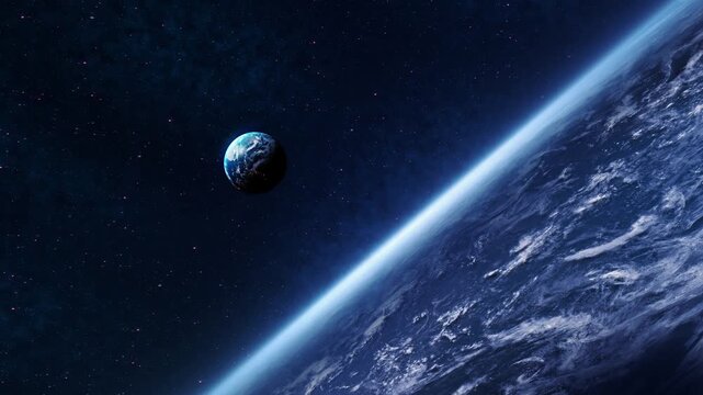 space in low Earth orbit, with a smooth descending camera move Planet earth and moon. View from space. The camera is approaching Earth.