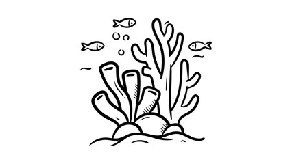 Minimalist black line vector icon illustration of an underwater coral reef with tropical fish and sea plants, hand-drawn outline style on a white background, clean scalable SVG graphic. © DALIM