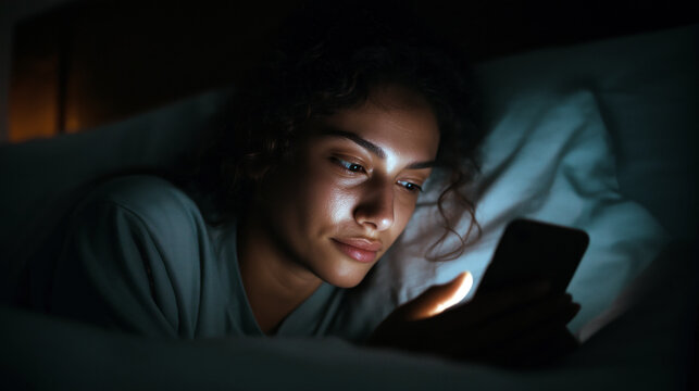 Young woman lying in bed at night scrolling smartphone, face illuminated by screen light, dark room, moody shadows